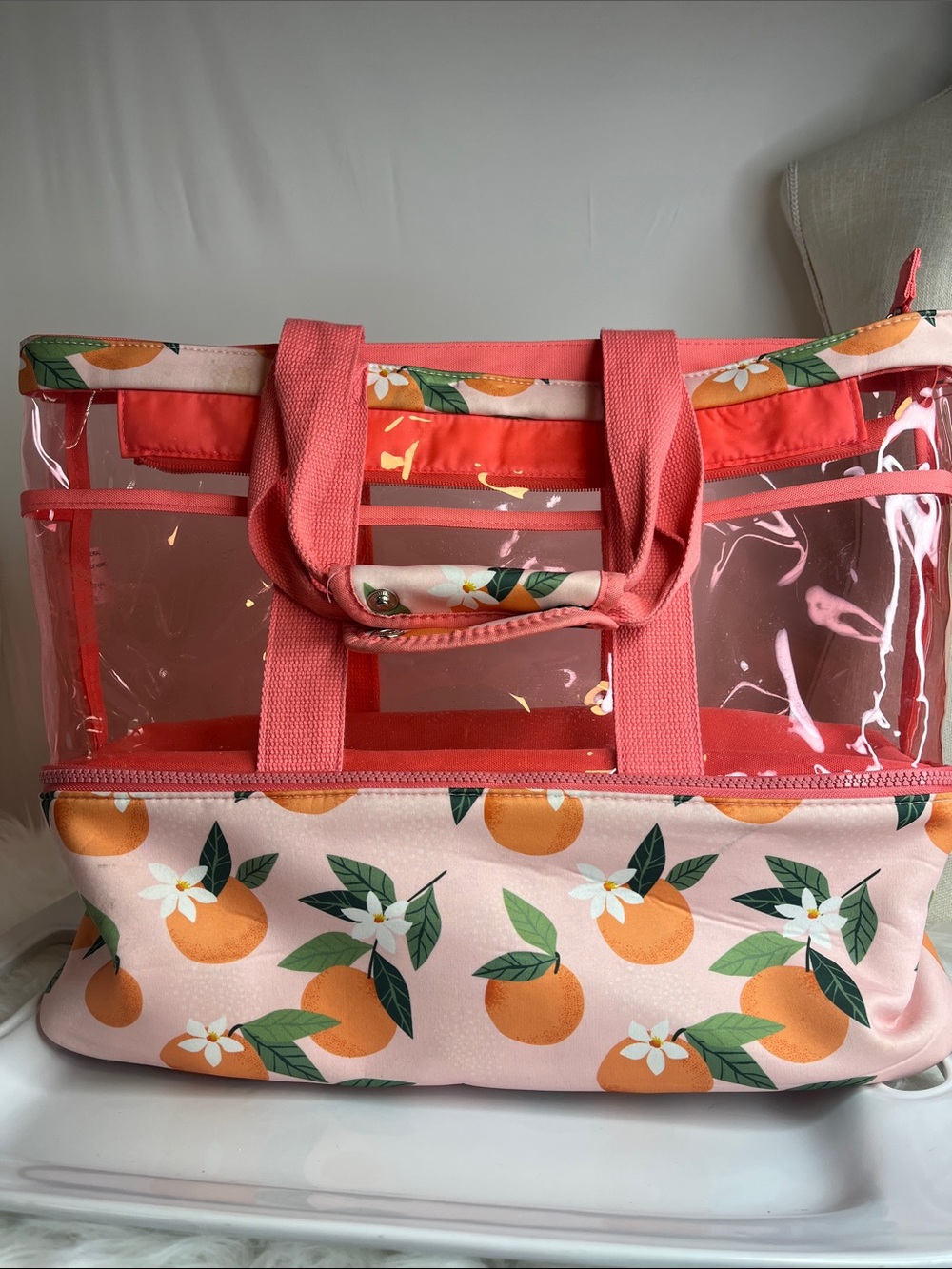Clear Beach Tote/Thermal Bag  with Orange Blossom Print